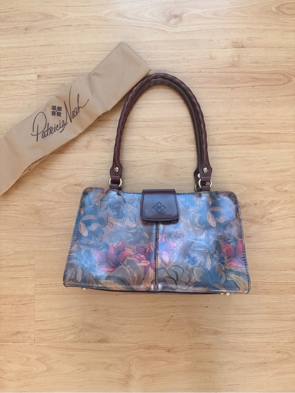 Patricia Nash Floral Leather Shoulder Satchel in Brown and Multicolor